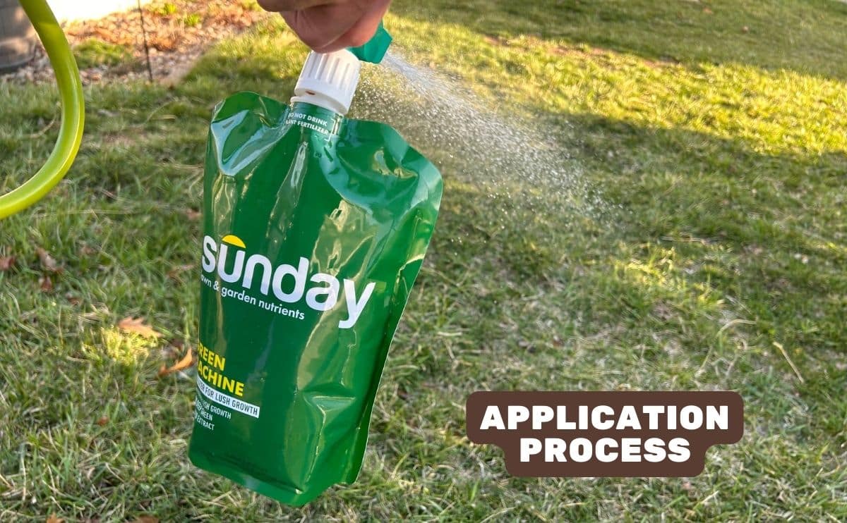 Sunday Lawn Care product being sprayed onto grass (caption overlay: application process)