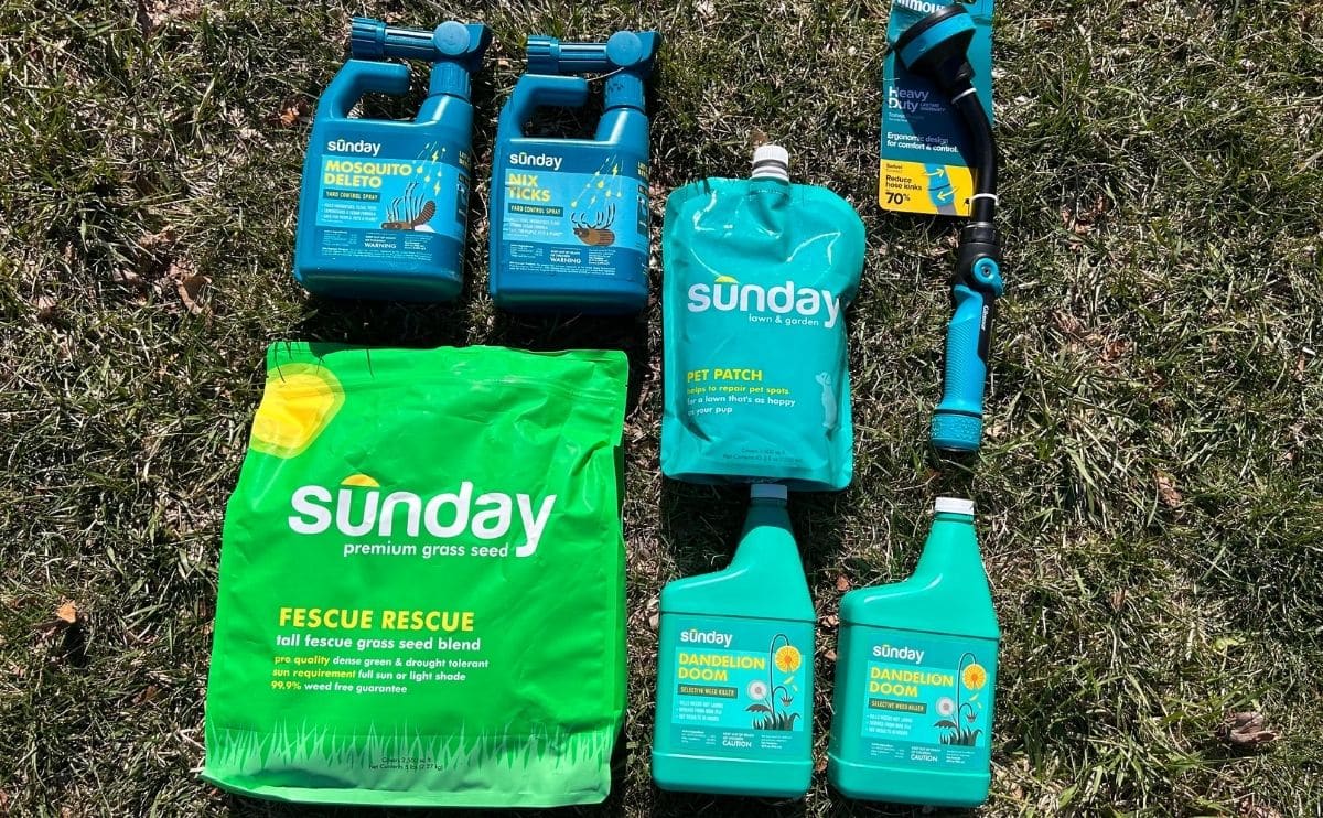 Variety of   Sunday Lawn Care products sitting on the grass