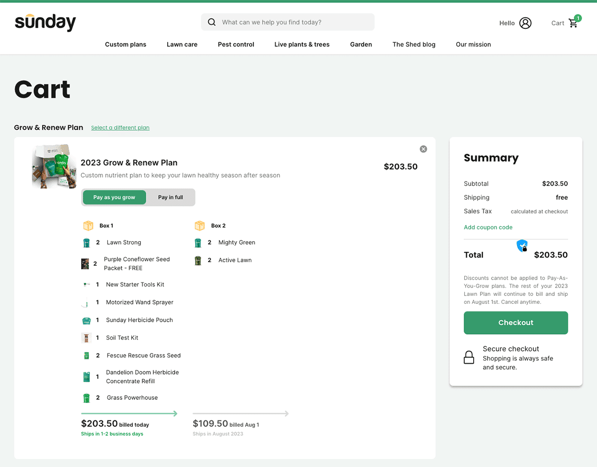 Sunday Lawn Care Cart Screenshot.