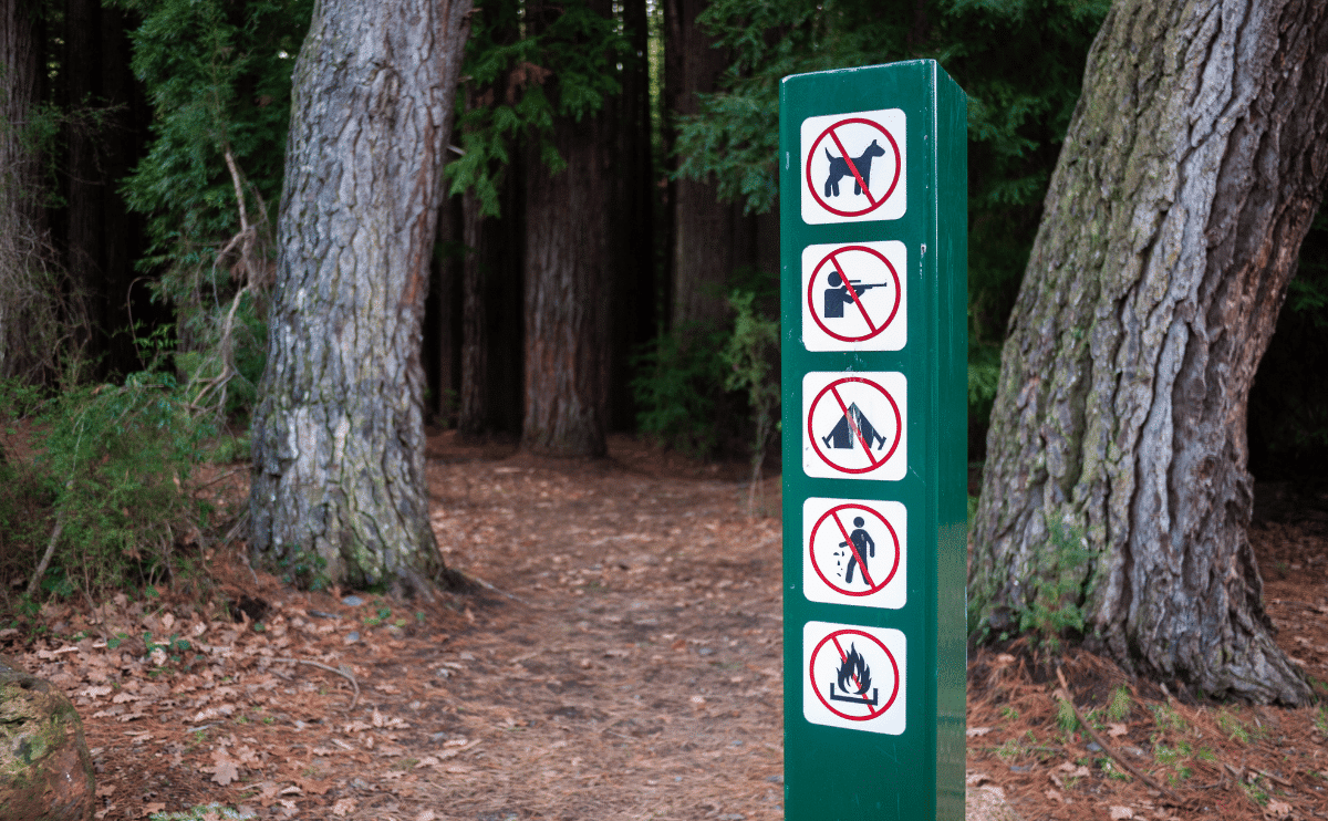 Trail sign showing what is not allowed including dogs