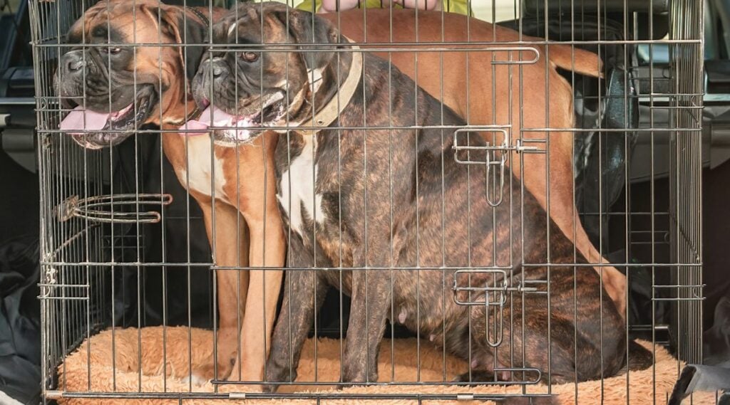 Two Boxers sitting in a crate in the back of a vehicle.