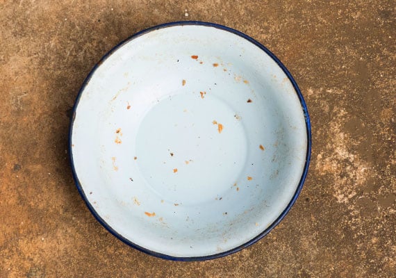 Unclean ceramic dog bowl with pieces of food stuck to it ready to be washed