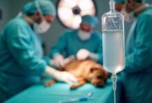 Vet surgeons performing surgery, operating dog lying on a surgical table.
