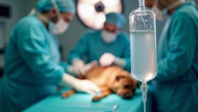 Vet surgeons performing surgery, operating dog lying on a surgical table.