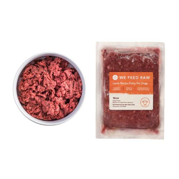 We Feed Raw lamb patty and bowl of food.