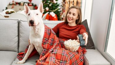 Woman curled up with dog on sofa in Christmas PJs watching movie.