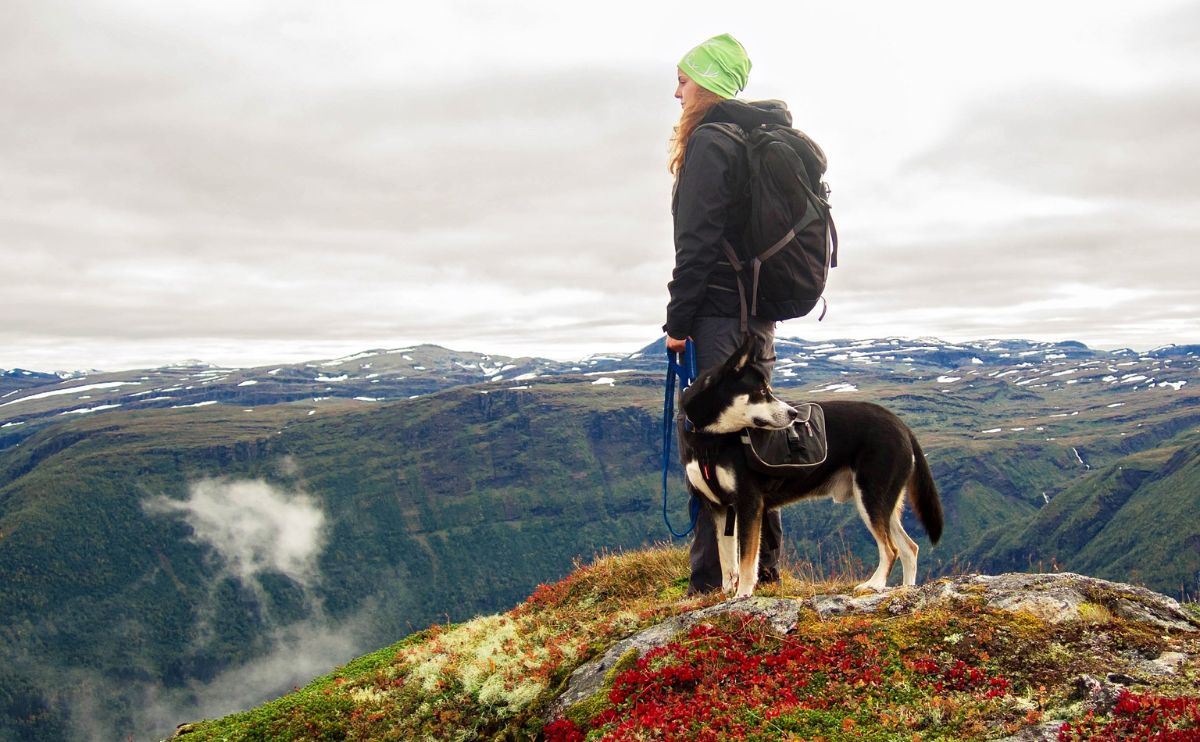 woman on a hike with her dog