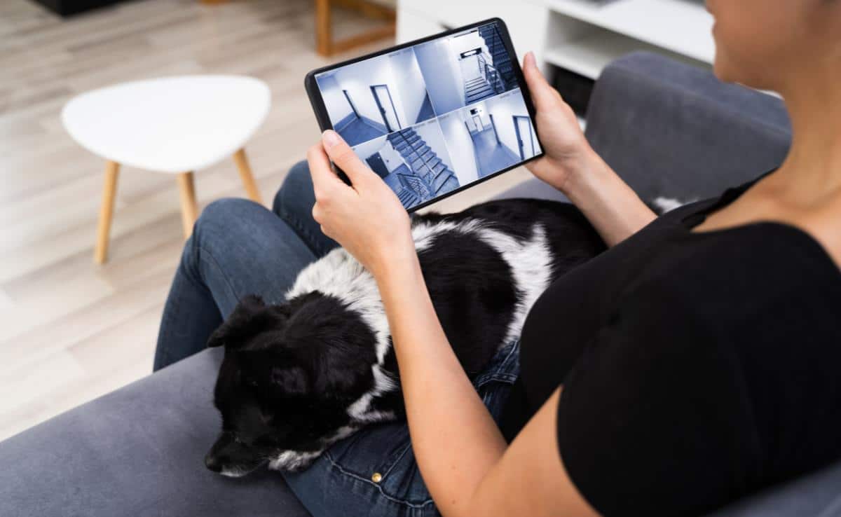 Woman with iPad monitoring her home security system cameras with dog sitting in her lap.
