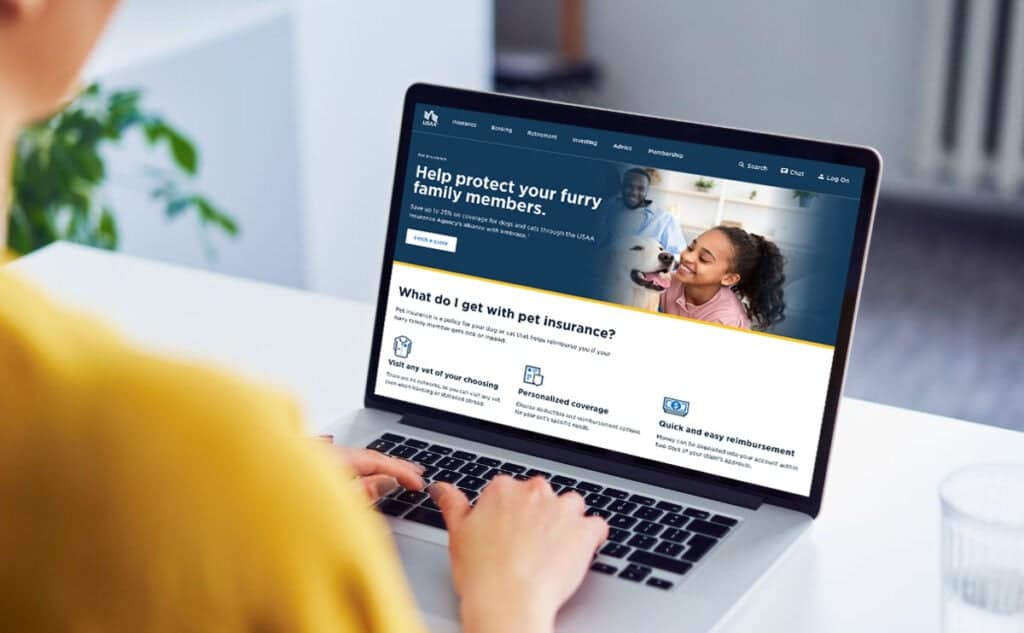 Woman with USAA pet insurance on her computer screen.